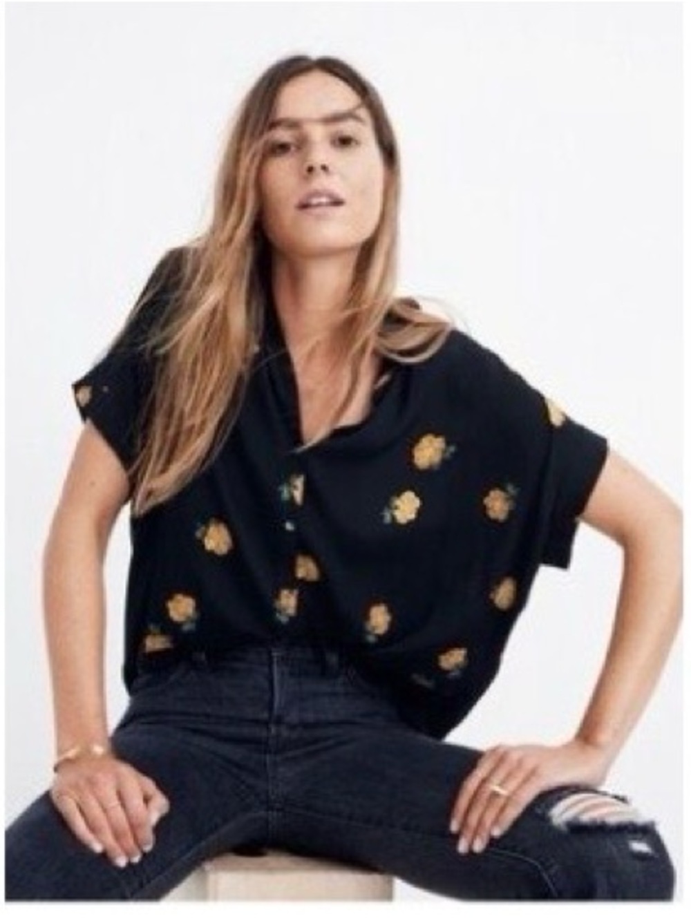 Madewell Floral Button Front Blouse in Black & Yellow Size Small